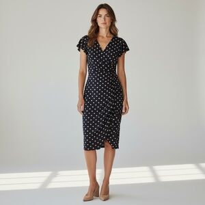 NWT Lauren Ralph Lauren Sz 12 Black/tan Polk a Dot Ruched Bodice Dress